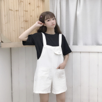 背带裤子女2021新款夏季初中学生韩版宽松闺蜜装休闲吊带阔腿短裤 白色802 S