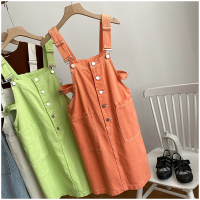 搭小白T~小减龄~单排扣韩系牛仔裙显瘦显高吊带裙背带短裙 桔色 S