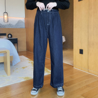 文笑花大码高腰牛仔裤女显瘦背带裤2020新款时尚韩版宽松胖mm裤子 深蓝色 牛仔裤 2XL