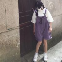 活泼俏皮女装牛仔背带短裤夏日系文艺减龄学生宽松阔腿连体五分裤 紫色 S