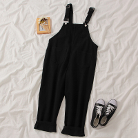 网红时尚九分牛仔裤春夏季2021新款韩版女装学生宽松吊带裤背带裤 黑色 背带裤 S