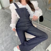 复古高腰背带牛仔裤女小个子2021春季修身微喇叭裤子韩版洋气长裤 花边衬衣 均码