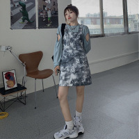 大码女胖妹妹显瘦套装学院风扎染连衣裙新款减龄a字背带裙两件套 背带裙 M