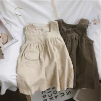 女童2021春秋季韩版新款纯色灯芯绒裙中小童洋气宽松背带连衣裙 米色 7(90cm)