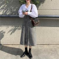 时尚套装女装中长款气质背带连衣裙春装内搭白色衬衫上衣两件套 千鸟格裙 均码