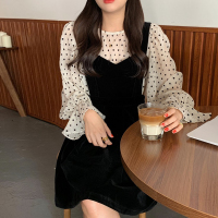 韩国chic复古圆领灯笼袖波点网纱衬衫+丝绒百褶蓬蓬背带连衣裙女 背心裙 均码