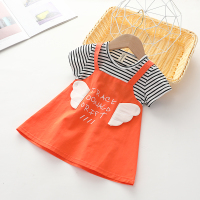 儿童女小童夏天新款条纹连衣裙小女孩短袖背带裙子假两件宝宝衣服 桔红色 90码（建议身高70厘米左右）