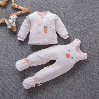 新生儿棉衣套装薄款秋冬装3个月男女宝宝背带裤两件套夹棉春0初生 欢乐小梨丫丫背带套-粉色 衣标59码