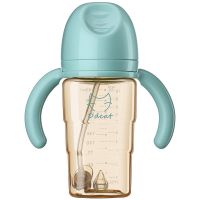 奶瓶防摔ppsu新生儿宽口径婴儿防胀气带吸管奶瓶喝水杯耐摔 蓝色方形奶瓶300ml+水杯转换头