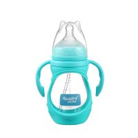 鸭嘴式大童断奶防摔宽口自动玻璃奶瓶喝水杯鸭嘴杯吸管奶瓶学饮杯 三用玻璃奶瓶蓝色240ml