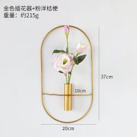 现代简约壁挂金属插花花器墙壁装饰挂件背景墙上装饰房间客厅壁饰 椭圆插花器金色+粉色洋桔梗