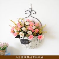 墙面墙壁装饰客厅房间卧室墙上装饰品挂件挂墙花盆壁挂花盆挂饰 白色花篮+3束粉玫瑰