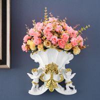 欧式墙上装饰天使壁挂花盆美式家居客厅背景墙壁饰墙饰创意壁挂 白色带粉花