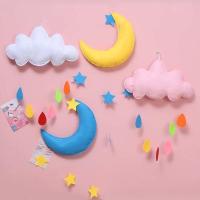 少女心手工云朵挂饰儿童房卧室墙面装饰品布置幼儿园空中吊饰挂件 蓝+黄月亮+白云粉云[送粘钩+钉]