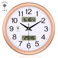 挂钟带日历温度湿度客厅挂表家用现代简约大气时钟挂墙钟表 金色双显