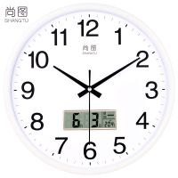 钟表挂钟客厅现代简约大气家用石英钟创意静音圆形电子表时钟挂表 白盘液显尚图 14英寸[35cm]