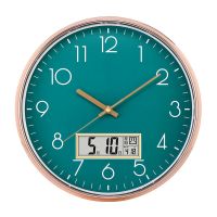 静音钟表客厅卧室挂钟时尚现代简约挂表大气石英钟创意时钟 镀金绿日历款 14英寸直径35厘米