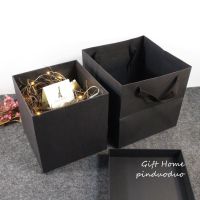 高档大气纯黑色礼盒复古牛皮盒放篮球超大灯饰礼盒节日送礼包装盒 纯黑色(纸丝+卡片+灯饰+手提袋) XL:26*26*26