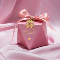 2020结婚网红喜糖盒子创意喜糖礼盒婚礼喜糖袋欧式婚庆糖果包装盒 桃粉烫金+桃粉丝带+喜字 大号(50个)