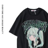 夏季日系动漫短袖t恤女2021新款宽松情侣大码女装中袖上衣 黑色 (宽松版型,偏大) M (有S码可联系客服修改码数)