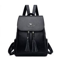 真皮质感双肩包女2021新款大容量女背包简约时尚旅行包 9008黑色+ (卖就送手包)