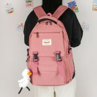 耐用大容量书包女ins韩版高中学生背包初中生简约百搭森系双肩包 粉色 带网红鸭挂件