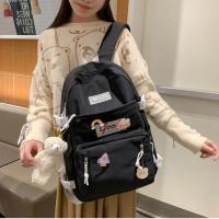 书包女韩版高中初中大容量百搭双肩包女大学生时尚潮流ins风背包 黑色优质防泼水面料(送徽章)+挂件 推荐大号 高42宽2