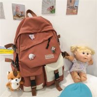 校园ins风书包女大容量韩版高中学生初中生背包森系小学生双肩包 橘色[送松鼠+徽章]