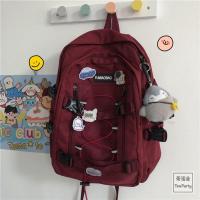 ins日系暗黑中性背包韩国原宿ulzzang复古工装双肩包男女学生书包 红色 5个徽章+胖企鹅