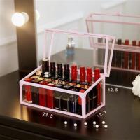 桌面口红收纳盒放唇膏唇釉收纳多格指甲油盒子化妆品口红展示架 32格翻盖粉玻璃款
