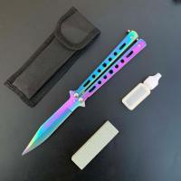 [新手专用]全钢蝴蝶练习训练折叠刀具户外防身甩刀高硬度军工刀 R3彩钛色 磨石+护理油+保护套+教学(推荐)