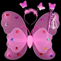 儿童发光蝴蝶翅膀玩具粉色蓬蓬纱裙三件套小女童公主天使翅膀装饰 粉色A款 翅膀#四件套-发光