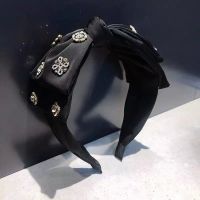 韩国东大门高档缎面发箍双层蝴蝶结发卡质感重工水钻网红头箍外戴