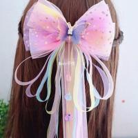 汉服头饰蝴蝶结发饰飘带头饰古风超仙汉服发夹后脑勺蝴蝶结发夹大 彩虹网纱