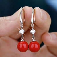 925纯银珍珠耳环网红耳坠长款韩版时尚气质女饰品防过敏耳饰 红贝珠/大红色 喇叭花金色
