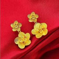 免税沙金金色耳环耳钉耳坠里外一色保色不掉色镀金色饰品首饰 高质量双花耳坠[送项链+手链+耳钉]