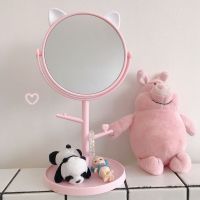 韩风ins猫耳朵台式高清化妆镜子宿舍房间桌面收纳少女公主梳妆镜 粉色猫镜子