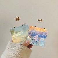 ins风油画风景折叠小镜子随身化妆镜时尚便携正方形双面镜皮面镜 [天空风景+夕阳傍晚]