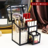 欧式化妆刷收纳桶玻璃珍珠筒口红收纳盒桌面防尘带盖美妆刷整理盒 黑色多功能刷筒 长15cm宽11cm+珍珠