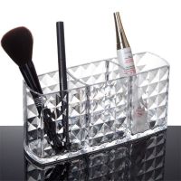 透明亚克力化妆刷筒眉笔收纳盒唇彩口红眼线笔刷盒桌面收纳盒韩国 3格钻石纹收纳盒