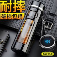 玻璃杯测温防摔便携水杯创意带盖过滤办公杯男女耐热车载泡茶杯子 测温提绳420ML黑色