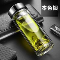 玻璃杯双层透明便携带盖过滤家用泡茶杯男女大容量学生创意水杯子 银本色-600ml 杯子+杯刷