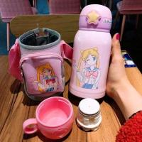 儿童保温杯带吸管两用316不锈钢防摔幼儿园男女小学生喝水杯防摔 背包款三盖美少女500毫升316钢 送原装杯套+备用吸嘴