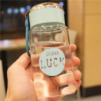 韩版简约清新可爱玻璃杯男女便携耐热ins杯 创意学生花茶杯子 蓝色/300ml 单杯+杯刷+被套