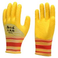 耐磨劳保手套浸胶透气乳胶发泡防滑耐磨大黄蜂橡胶防护手套 正品黄色大皇蜂 [十倍耐磨] 12双特惠装