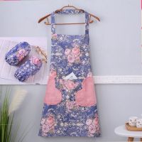 围裙家用厨房女可擦手防水防油韩版时尚可爱日系日式工作服裙子式 可擦手-深蓝+袖套