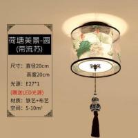 新中式走廊过道吸顶灯现代中式阳台灯方形圆形简约中国风玄关灯具 [圆形]荷塘月色-带吊穗 [明装]配12W三色变光LED灯