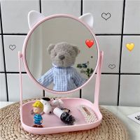 ins少女心化妆镜桌面台式猫耳朵梳妆造型镜子便捷收纳多功能宿舍 猫耳朵化妆镜-粉色 +挤脸熊化妆镜-白色