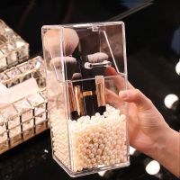 化妆品收纳盒ins防尘亚克力化妆刷收纳桶透明有盖美妆刷眉笔刷桶 四边形刷筒米色珍珠