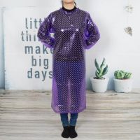 PVC加厚围裙防水防油反穿衣耐酸碱长袖罩衣成人男女水产工作服 紫色波点 加长130cm